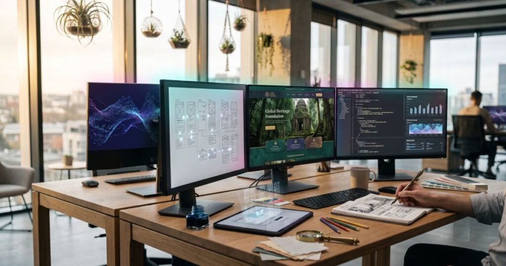 Business owner discussing website development with a professional web development company.
