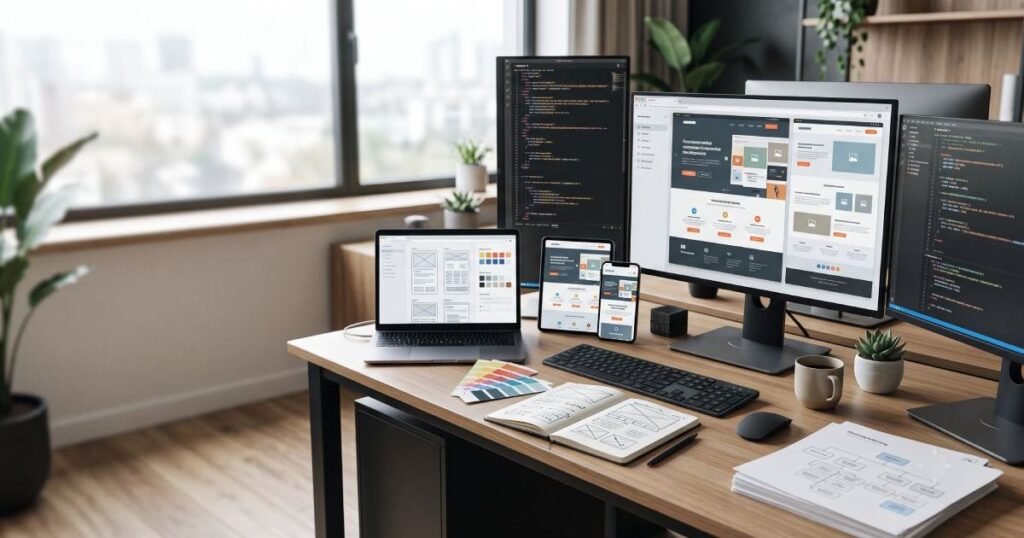 Professional web developer building a modern business website on multiple screens in a creative office.