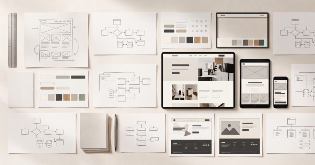 Professional website development planning board showing wireframes, responsive website layouts, and design components.
