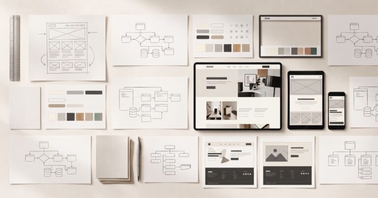 Professional website development planning board showing wireframes, responsive website layouts, and design components.
