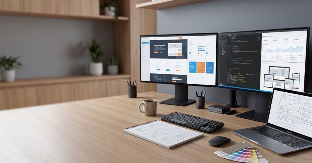 Modern business website displayed across desktop, tablet, and mobile devices highlighting essential website features.