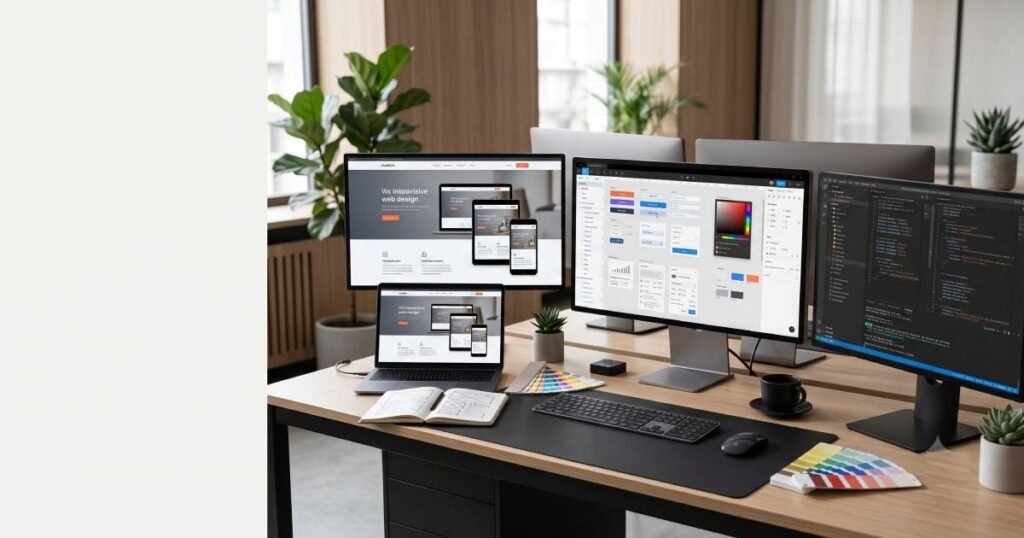 Modern business website redesign displayed across desktop, tablet, and mobile devices with a clean, responsive layout.