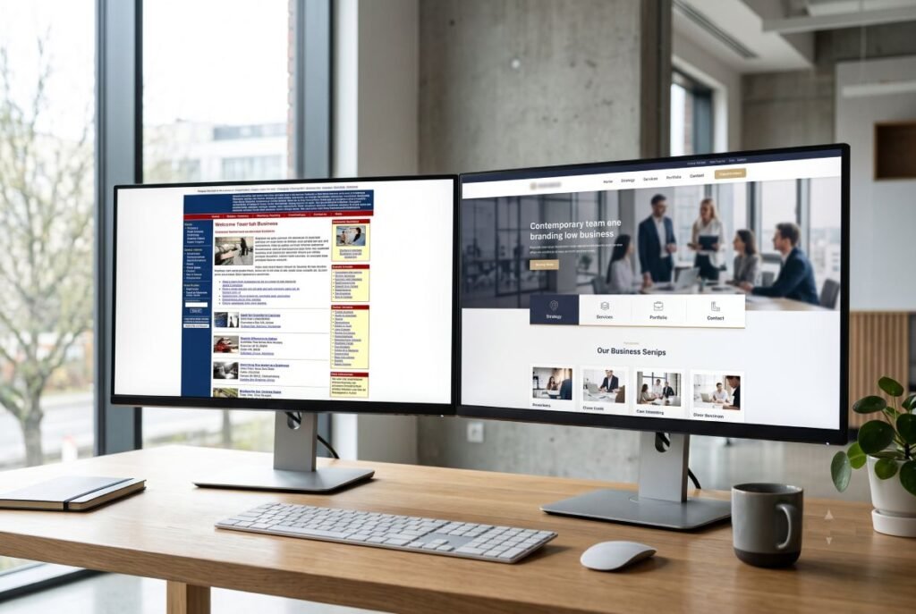 Comparison of an outdated business website and a modern responsive website design displayed on desktop and mobile screens.