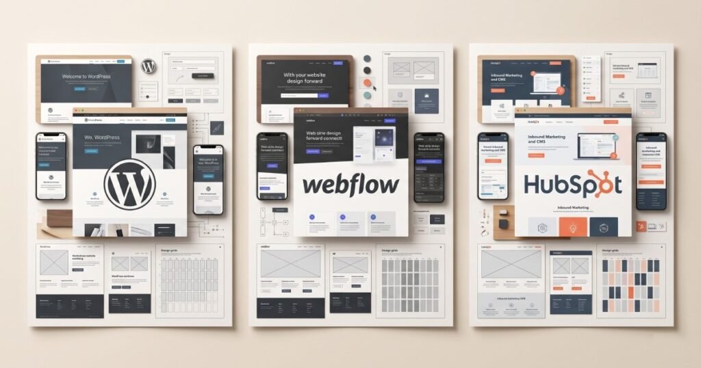 Comparison of WordPress, Webflow, and HubSpot website platforms through modern website interface designs.