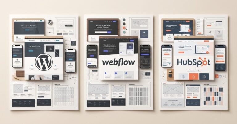 Comparison of WordPress, Webflow, and HubSpot website platforms through modern website interface designs.
