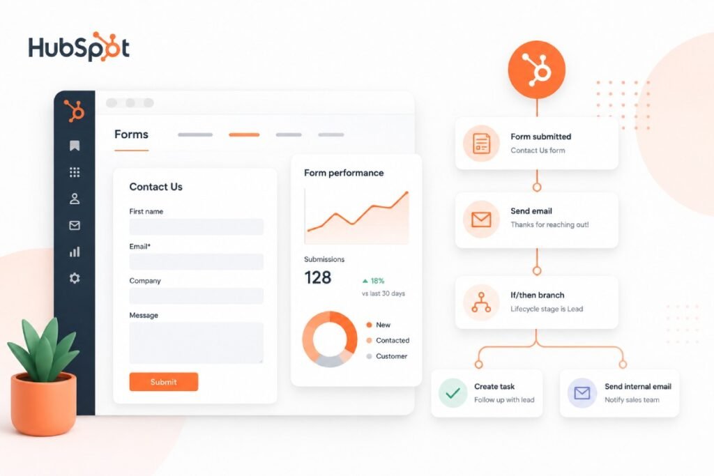 HubSpot forms and automation dashboard with lead workflow and form analytics