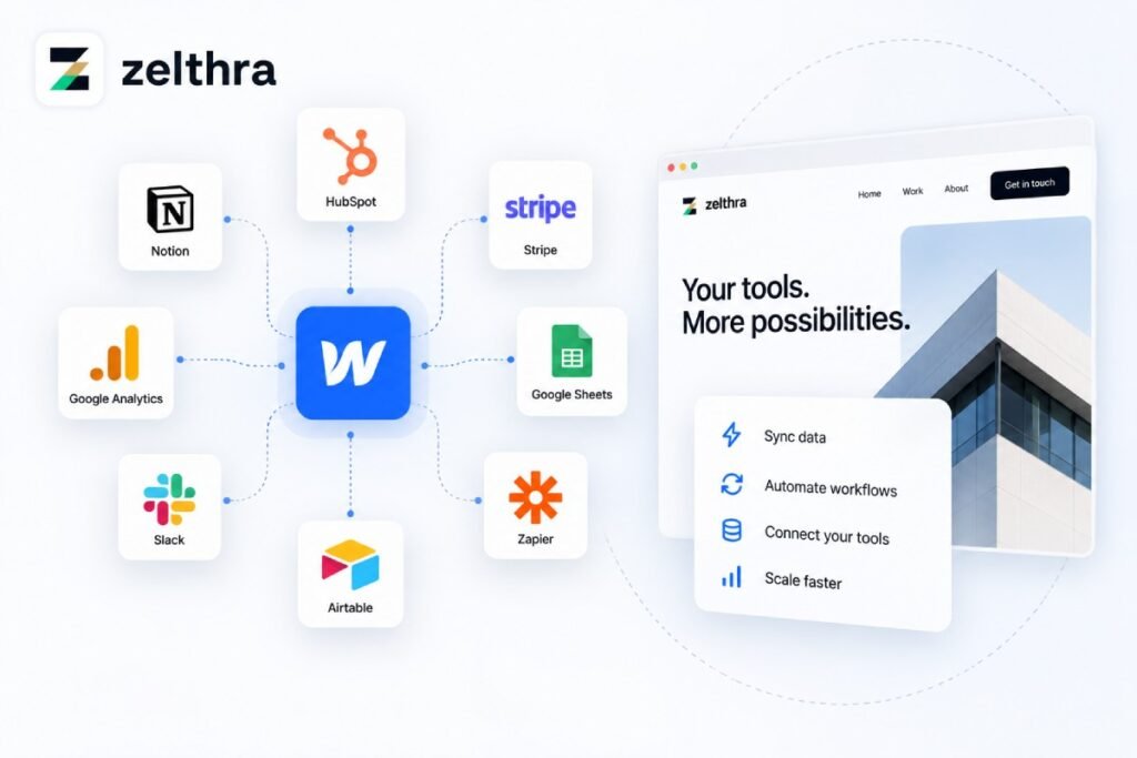 Webflow integrations connecting CRM, analytics, automation, and business tools